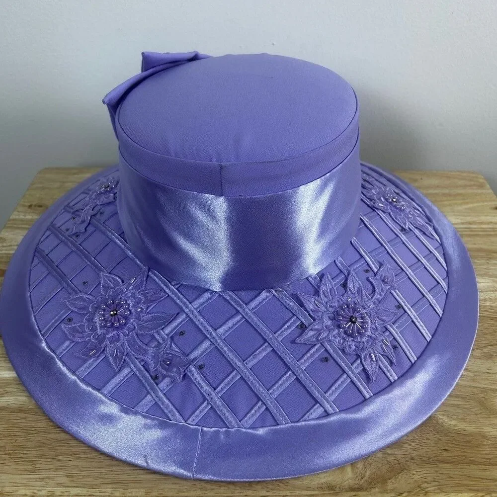 Studio 3 Women Purple Church Hat Wide Brim Beaded Floral Bow Derby Dress Hat